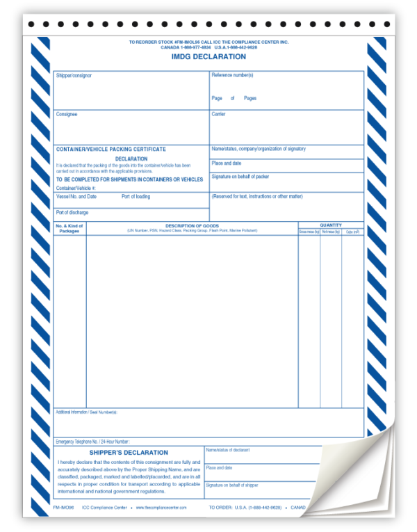 IMO Shippers Declaration Forms, 4-Part NCR, Preprinted, 100/Pack - ICC Canada