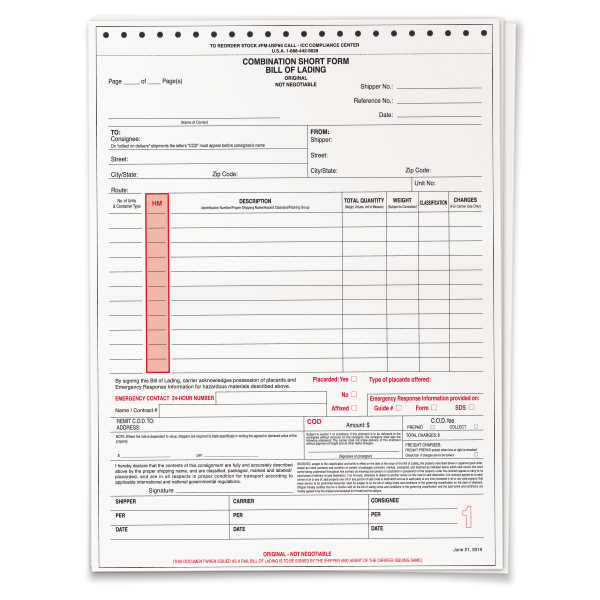 Hazmat Bill of Lading, 4-Part NCR, Customized, 100/Pack | ICC