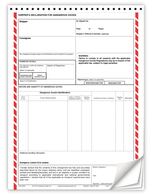 Air Declaration Form, 4-Part NCR, English Only, Preprinted, 100/Pack - ICC Canada