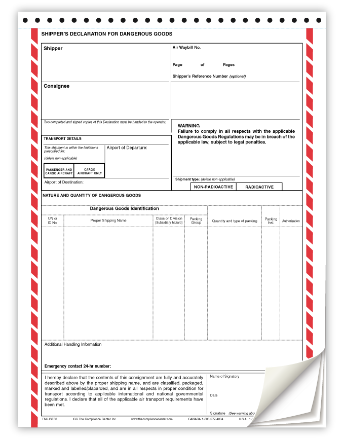 Air Declaration Form, 4Part NCR, English Only, Preprinted, 100/Pack