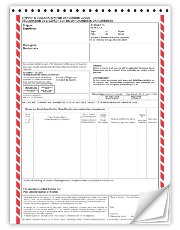 Air Declaration Form, 4-Part NCR, Bilingual (English/French), Preprinted, 100/Pack - ICC Canada