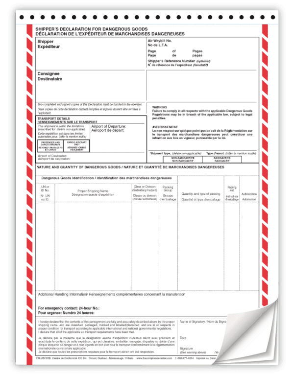 Air Declaration Form, 4-Part NCR, Bilingual (English/French), Customized, 100/Pack - ICC Canada
