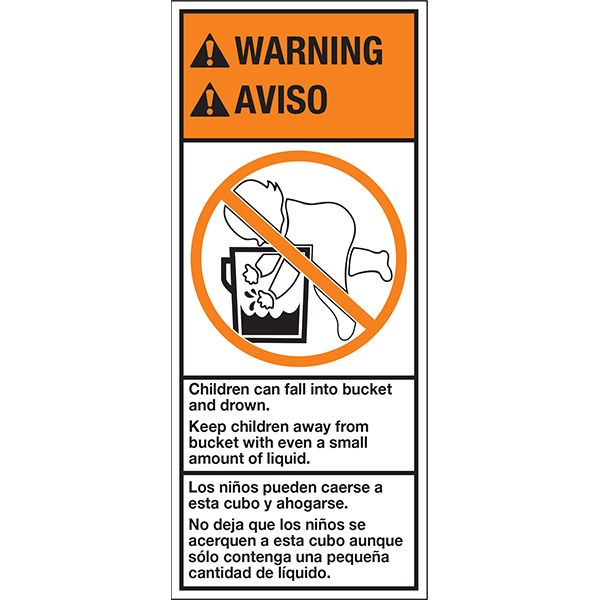 Baby-in-the-Bucket Child Warning, One-Panel, English and Spanish, 6" x 5", Gloss Paper, 500/Roll - ICC Canada Baby-in-the-Bucket Child Warning, One-Panel, English and Spanish, 6" x 5", Gloss Paper, 500/Roll - ICC Canada