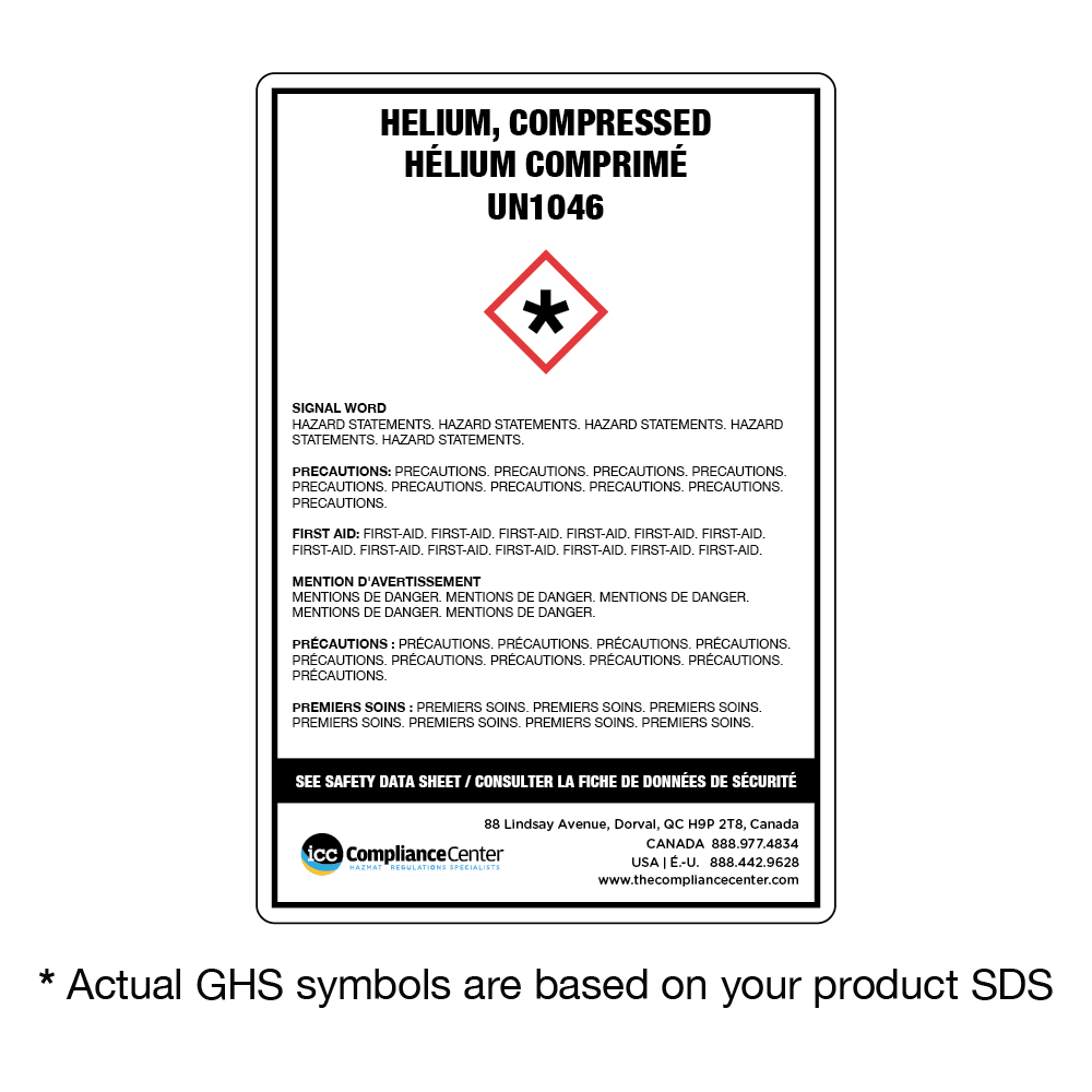 GHS Cylinder Body Label, 4"x 6", Vinyl, Helium, Compressed EN/FR UN1046, 500/Roll ICC