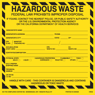 Hazardous Waste Labels For California, 6" x 6", Thermalabel, Blank - ICC Canada