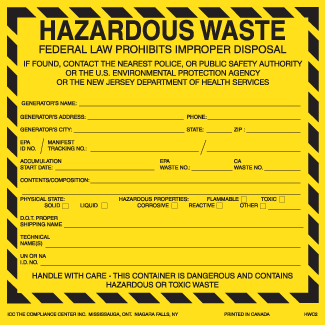 Hazardous Waste Labels For New Jersey, 6" x 6", Thermalabel, Blank - ICC Canada