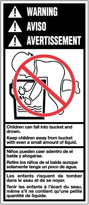 Baby-in-the-Bucket Child Warning, English, Spanish, and French, 3" x 7", Gloss Paper, Roll of 500 - ICC Canada