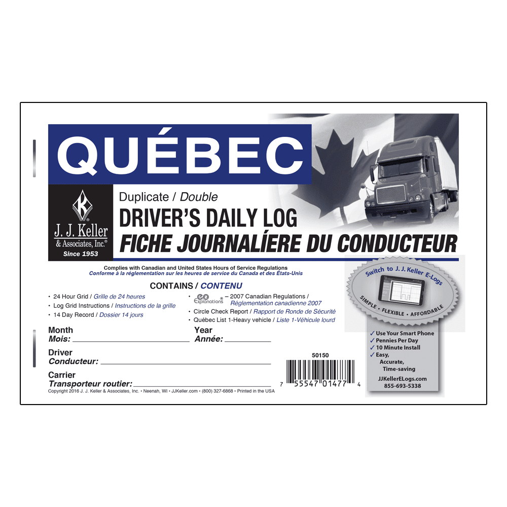 Driver's Daily Logbook, Bilingual (Quebec), 81/2" x 51/2" ICC