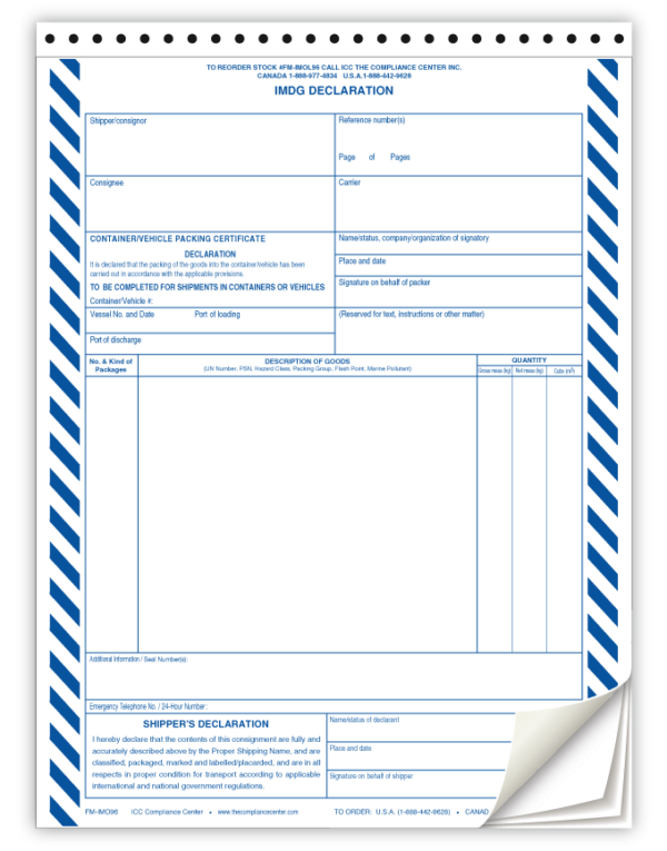 IMO Shippers Declaration Forms, 4-Part NCR, Preprinted, 100/Pack - ICC USA