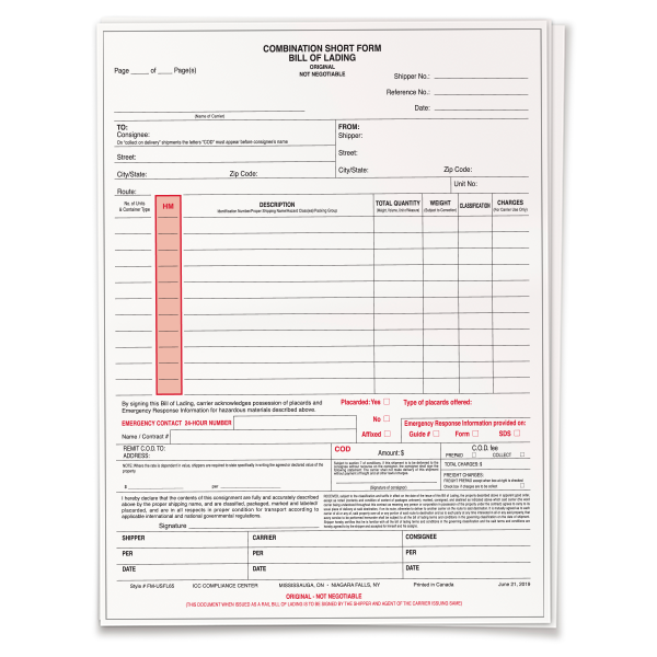 Hazmat Bills of Lading, Laser, Packages of 100 - ICC Compliance 