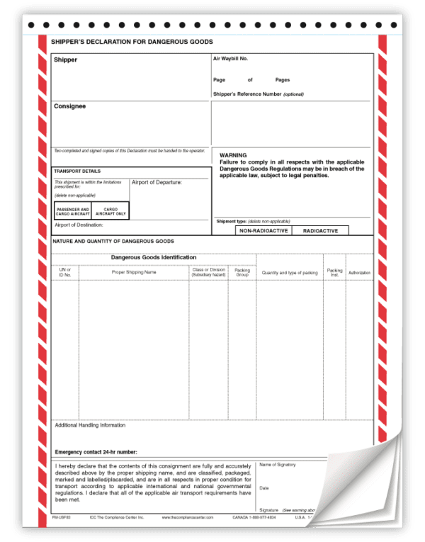 Air Declaration Form, 4-Part NCR, English Only, Customized, 100/Pack - ICC USA