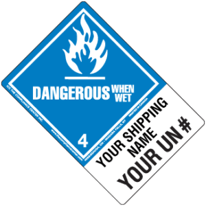 Hazard Class 4.3 - Dangerous When Wet Material, Worded, High-Gloss Label, Shipping Name-Large Tab, Custom, 500/roll - ICC USA