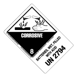 Hazard Class 8 - Corrosive Material, Worded, High-Gloss Label, Shipping Name-Large Tab, UN2794, 500/roll - ICC USA