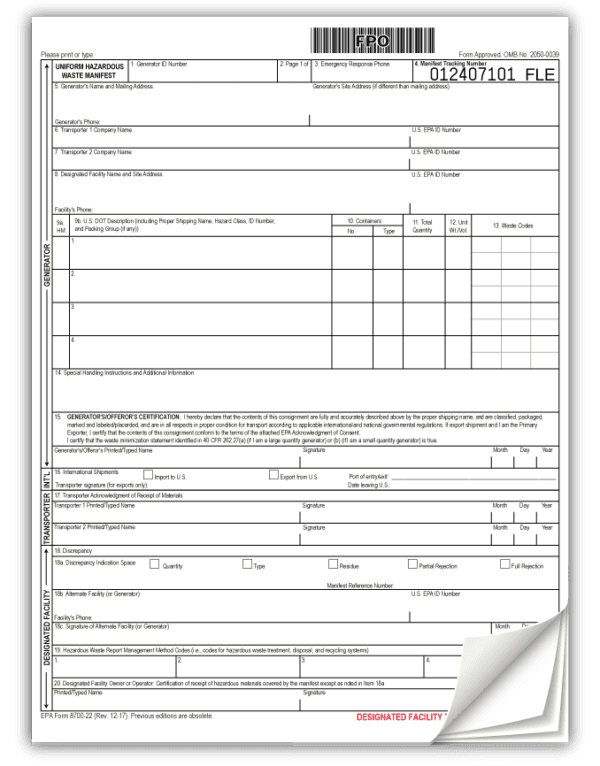 Uniform Hazardous Waste Manifest, 5-Part, Pin-Fed, 500/case - ICC USA