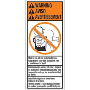 Baby-in-the-Bucket Child Warning - English, Spanish, and French, 3" x 7", Gloss Paper, Roll of 500 - ICC USA