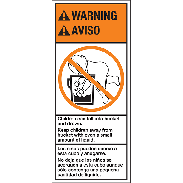 Baby-in-the-Bucket Child Warning - One-Panel, English and Spanish, 6" x 5", Gloss Paper, 500/Roll - ICC USA Baby-in-the-Bucket Child Warning - One-Panel, English and Spanish, 6" x 5", Gloss Paper, 500/Roll - ICC USA