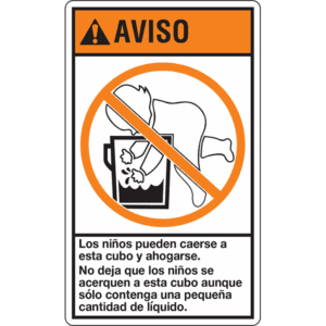 Baby-in-the-Bucket Child Warning - One-Panel, English and Spanish, 6" x 5", Gloss Paper, 500/Roll - ICC USA Baby-in-the-Bucket Child Warning - One-Panel, English and Spanish, 6" x 5", Gloss Paper, 500/Roll - ICC USA