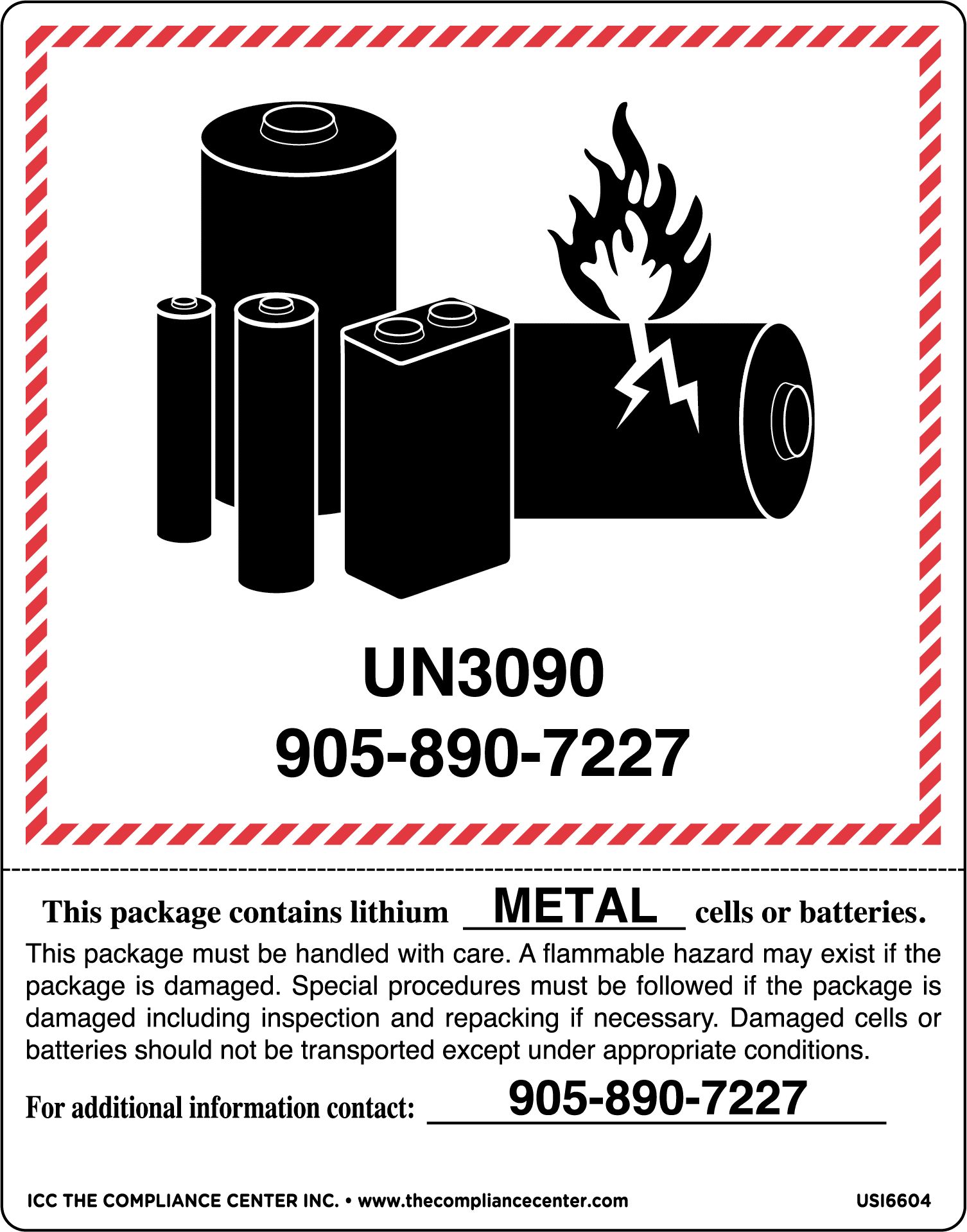 Preprinted Lithium Battery Pictogram with Hazard Statement, 6.375" x 5", Gloss Paper, 500/Roll - ICC USA